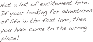 Not a lot of excitement here. If your looking for adventures of life in the fast lane, then you have come to the wrong place! 